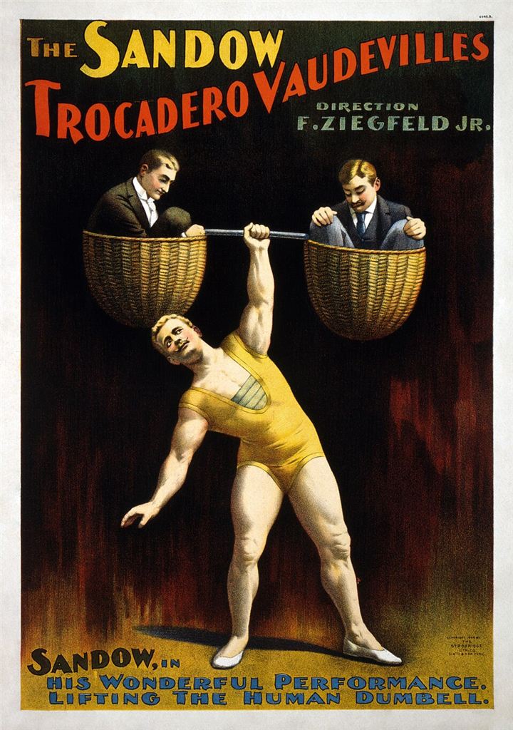 Colorful 1894 theater poster of the strongman Eugen Sandow in a yellow leotard, holding above his head a bar with a basket at each end, each basket holding a man in a suit