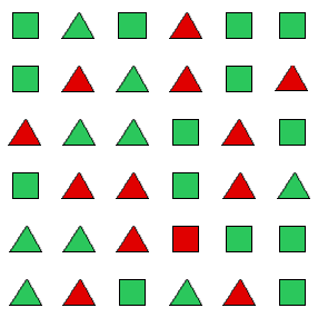 A grid of mixed red and green squares and triangles with a single red square hidden among them
