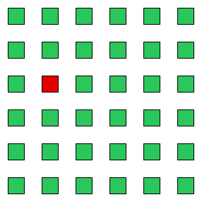 A grid of green squares containing a single red square that stands out immediately