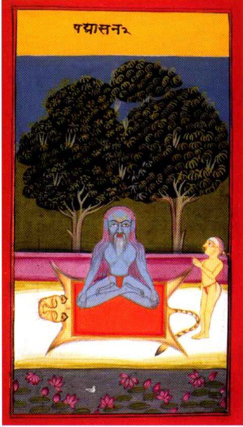 Painted manuscript illustration of a bearded yogi seated cross-legged in lotus posture on an animal skin beneath trees