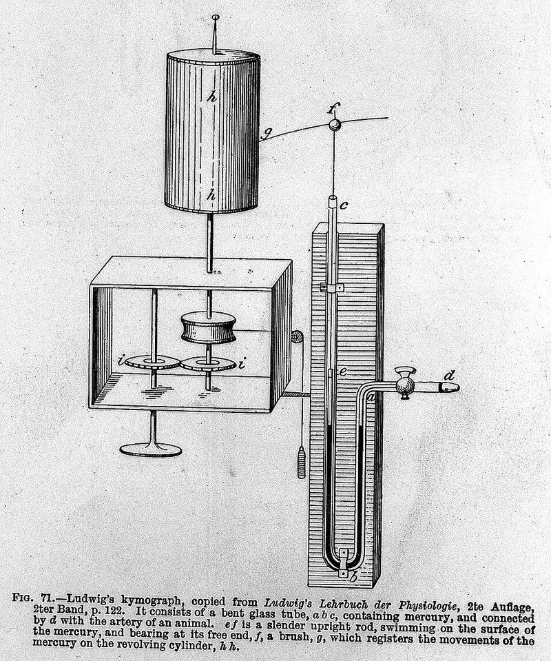 Engraving of Ludwig’s kymograph: a tall rotating drum beside a U-shaped mercury tube with a float and pen that trace pressure changes
