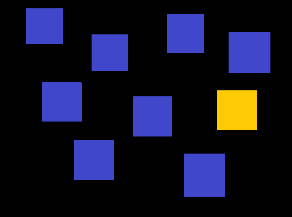 Computer screen showing nine blue squares scattered on a black background, with one square lit up in yellow