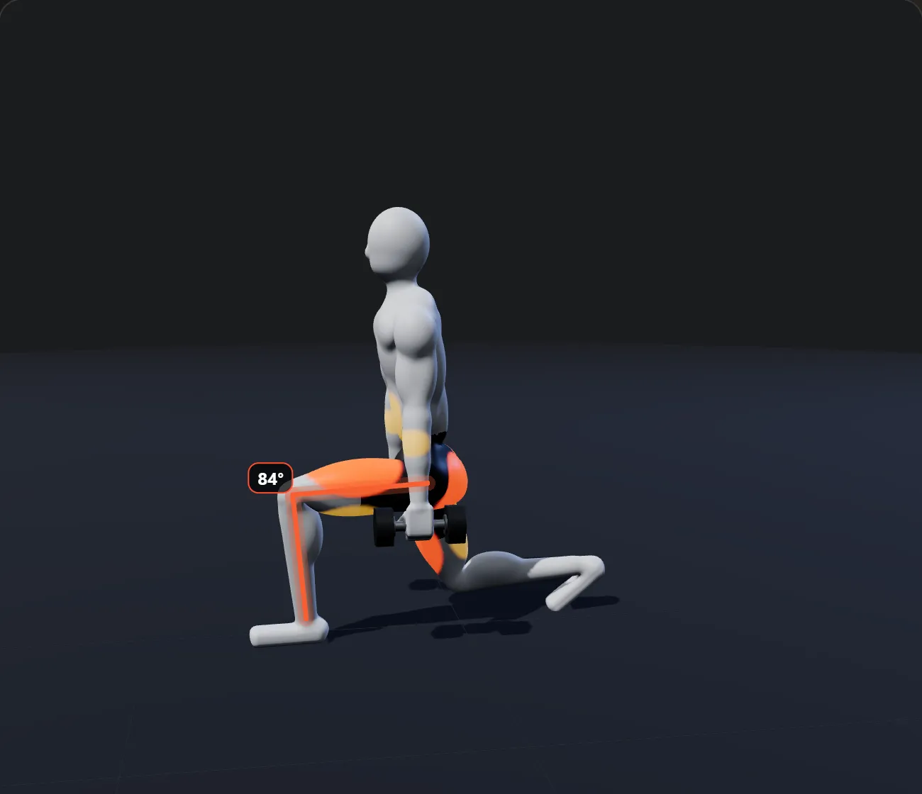 Dumbbell Lunge shown on a 3D figure, with the working muscles highlighted
